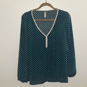 Y2K Xhilaration Boho Teal & Cream Polka Dot Peasant Style Blouse Deep V-Neck XL